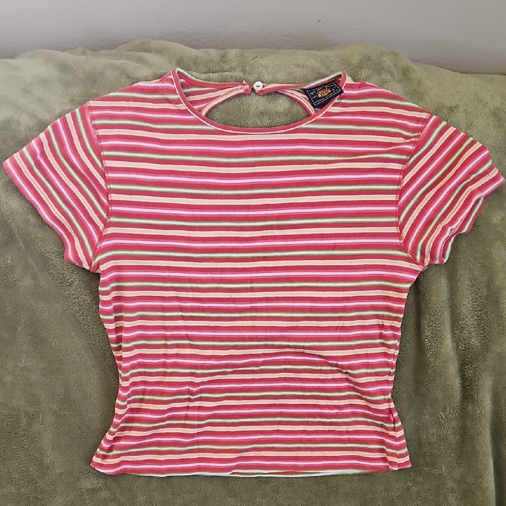 Urban Outfitters Pink and White Crop T-Shirt with Cut Out
